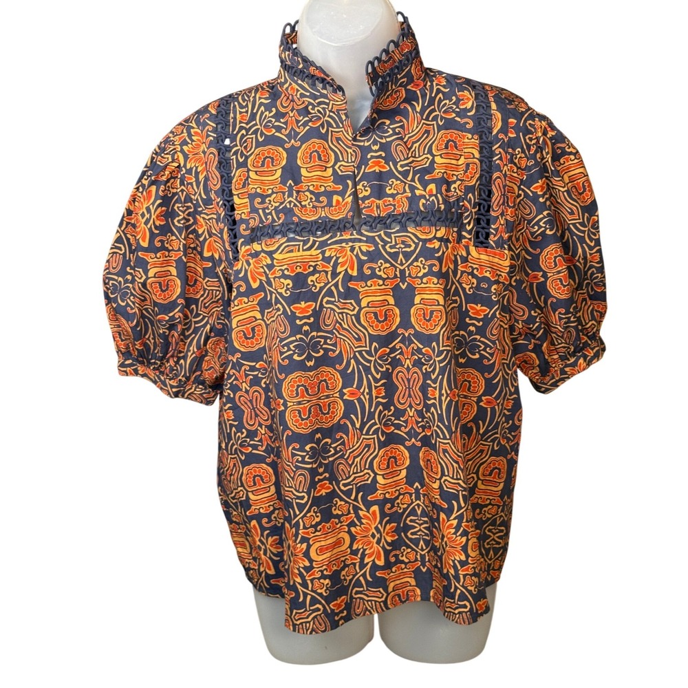 LaRoque Original Alix Navy Orange Mosaic Puff Sleeve Top Size S NWT